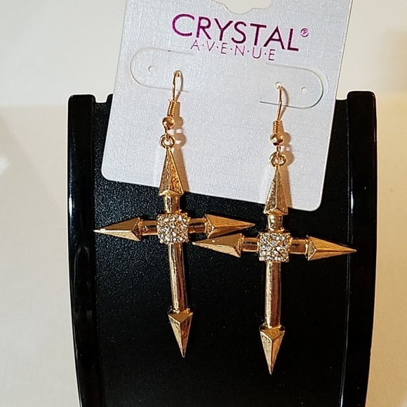 Crystal Avenue Cross Rhinestone Gold Tone Earrings - Picture 1 of 1